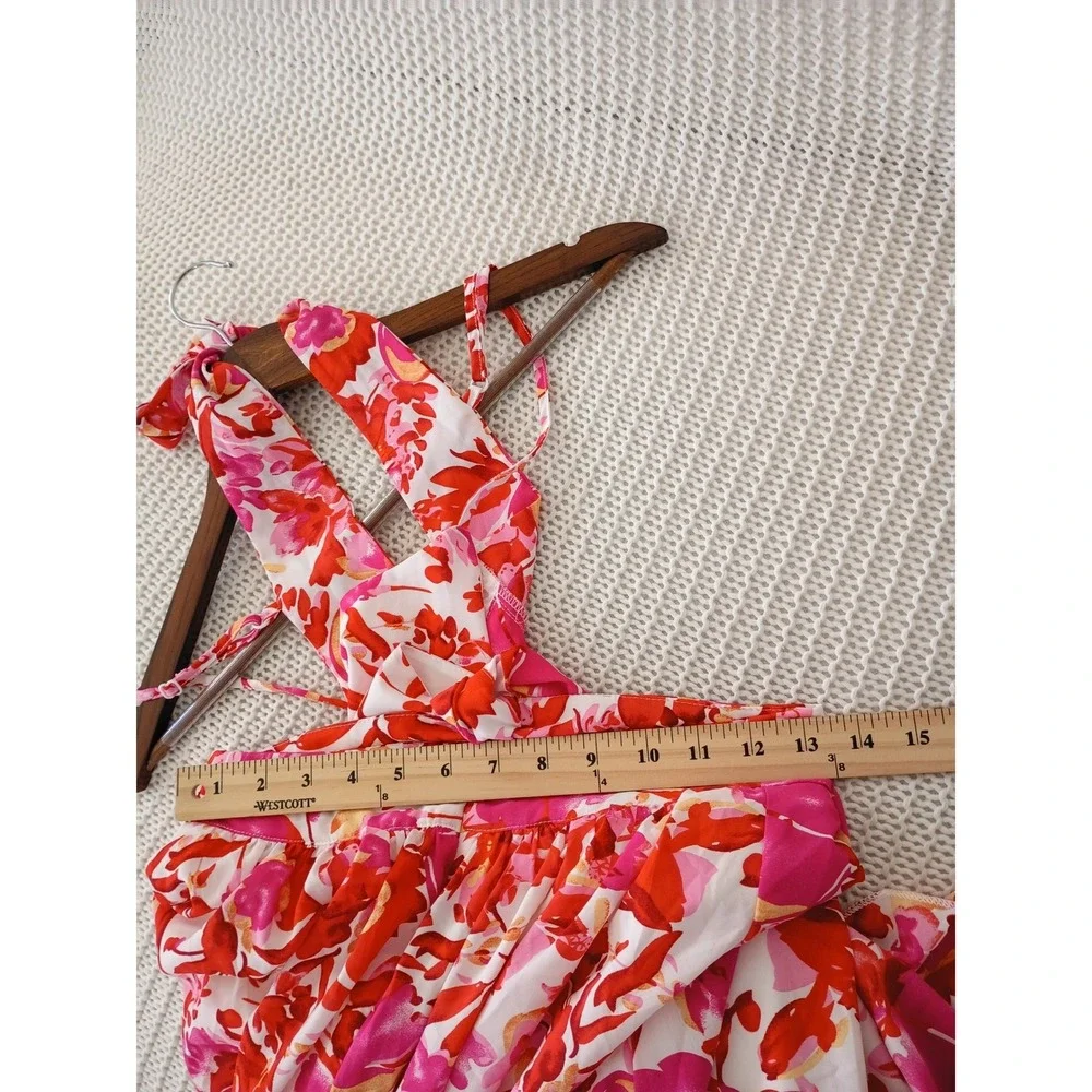 Tropical Floral Halter Maxi‎ Dress Cutout Waist Pink Red Orange Resort W26 S
